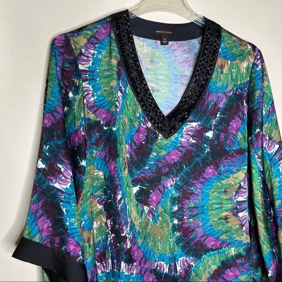 Dana Bachman Water Colors Asymmetric Sleeves Sequin Around Neckline Tunic SZ XL - Picture 2 of 14